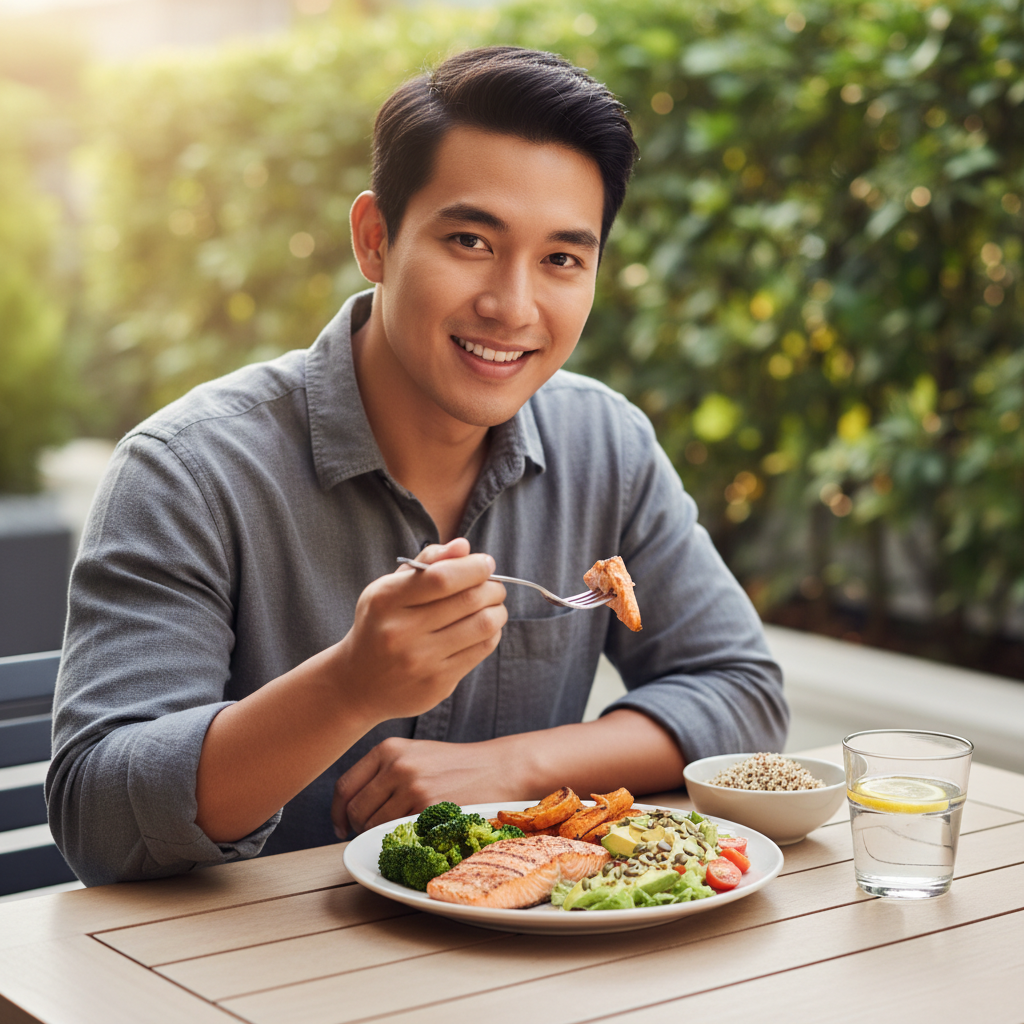 Pria muda menikmati makanan bergizi